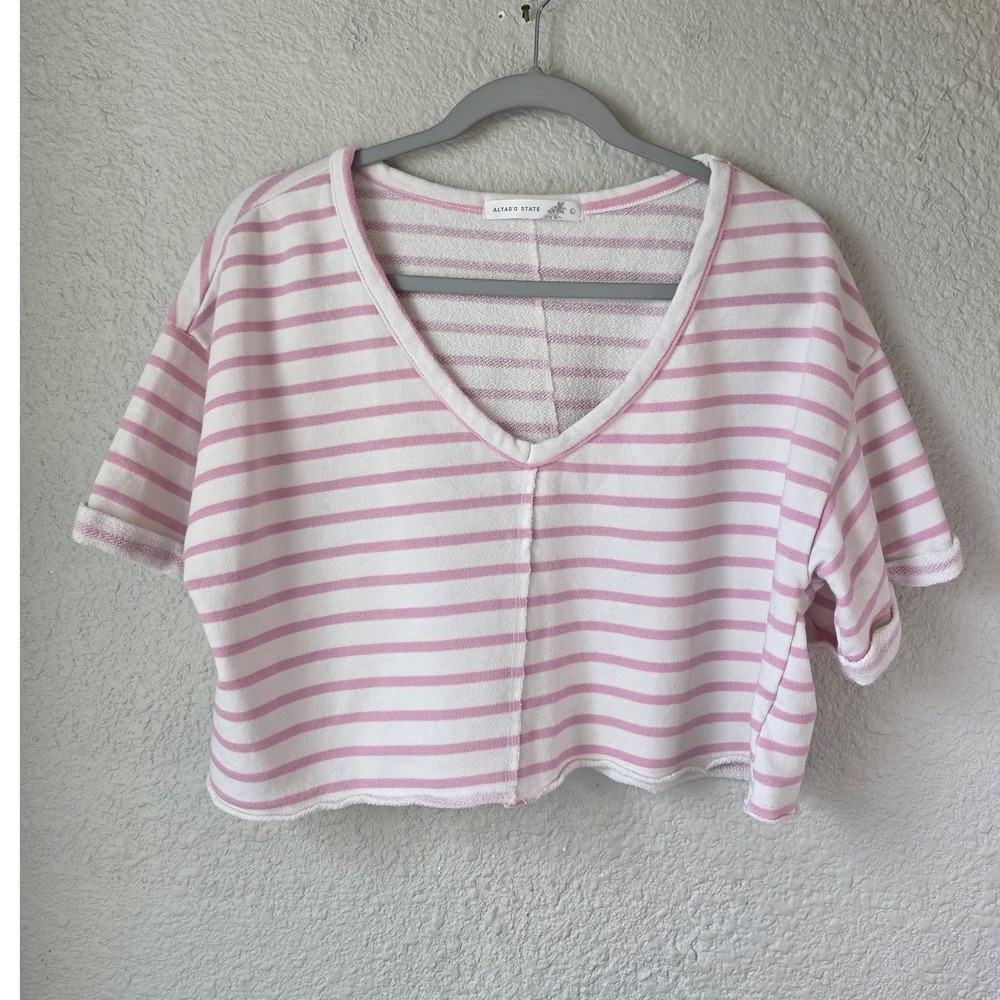 Altar'd State Pink White Striped Cropped V-Neck Sweatshirt Top Large